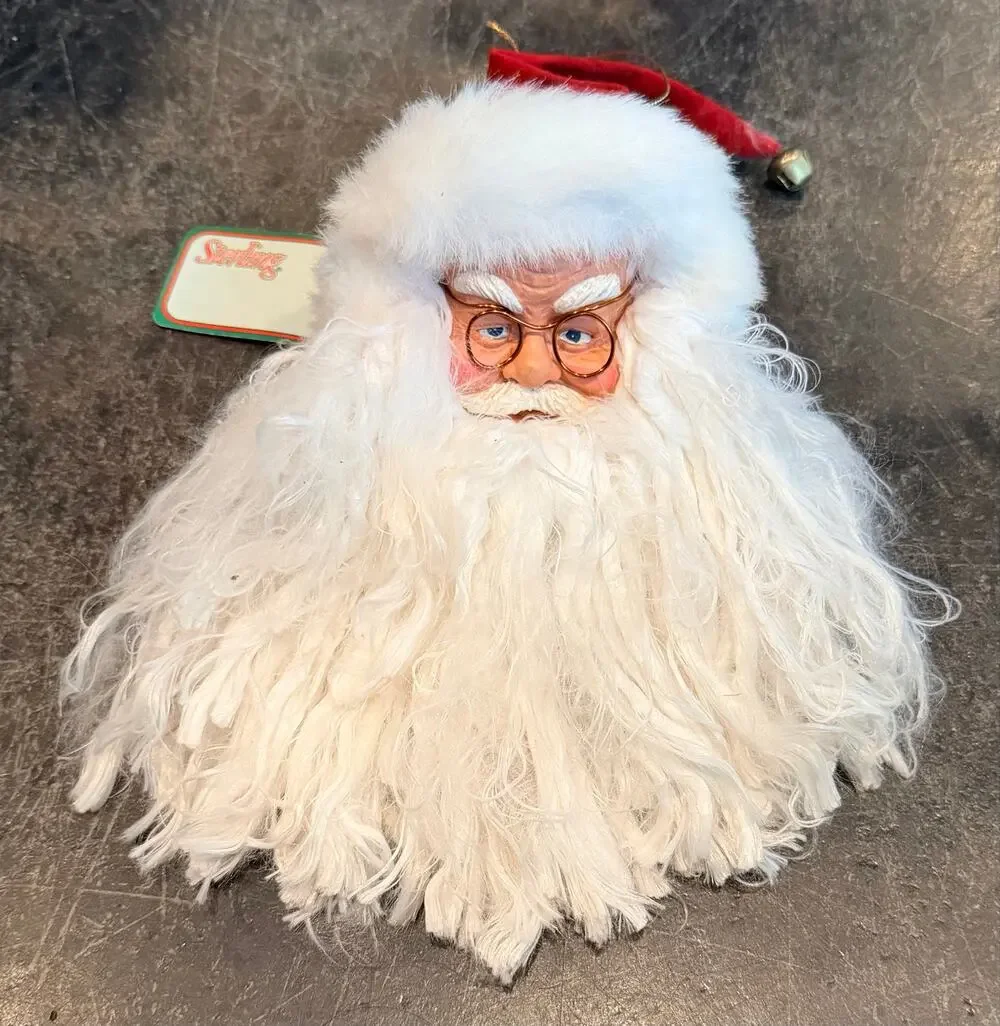 Vintage 1990’s Sterling Santa Claus Head Ornament Wire Glasses Fur Beard W/ Tag